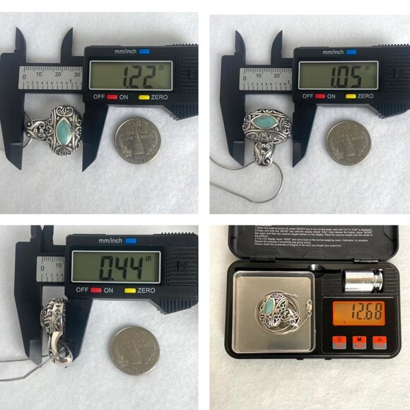 Sterling Silver 925 Chunky Bali Style Scrollwork Turquoise Pendant Necklace 18" - Picture 10 of 16